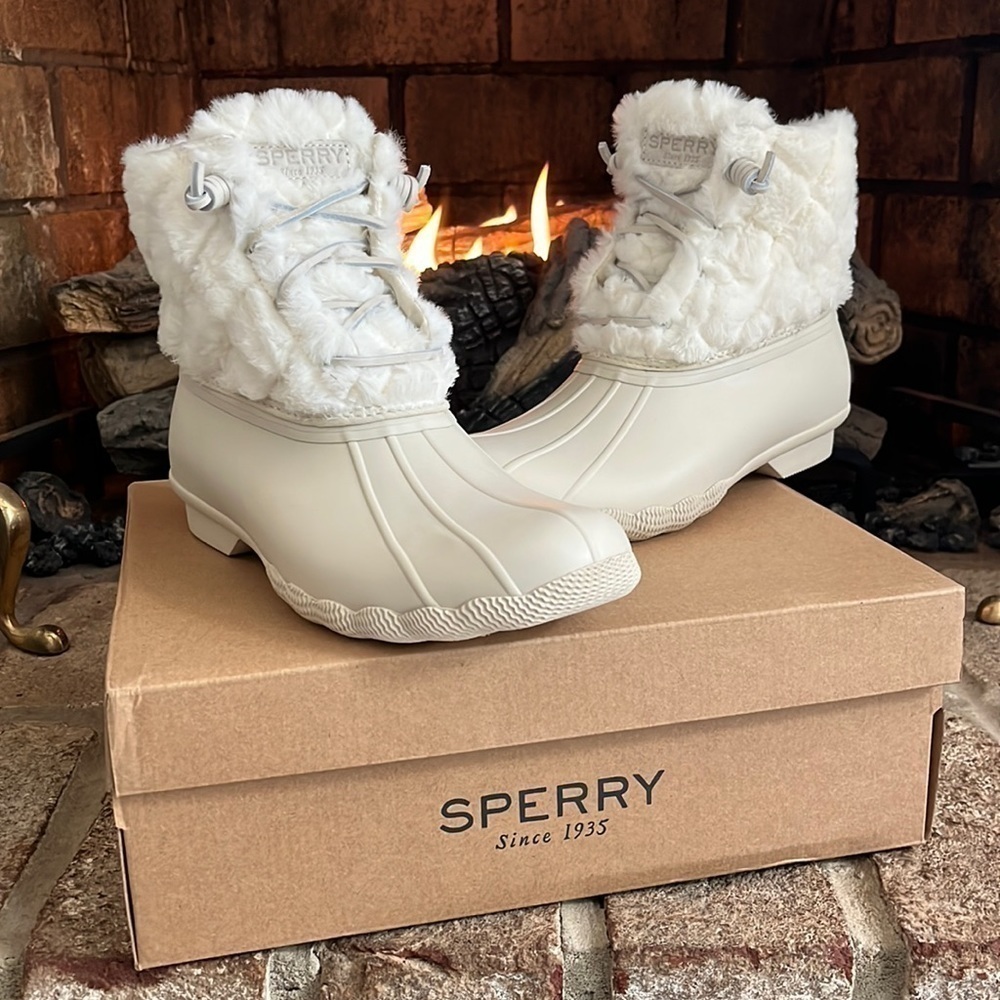 Brand New Sperry Saltwater Faux Fur Ivory Quilt Stitch Duck Boots Waterproof - Picture 16 of 16